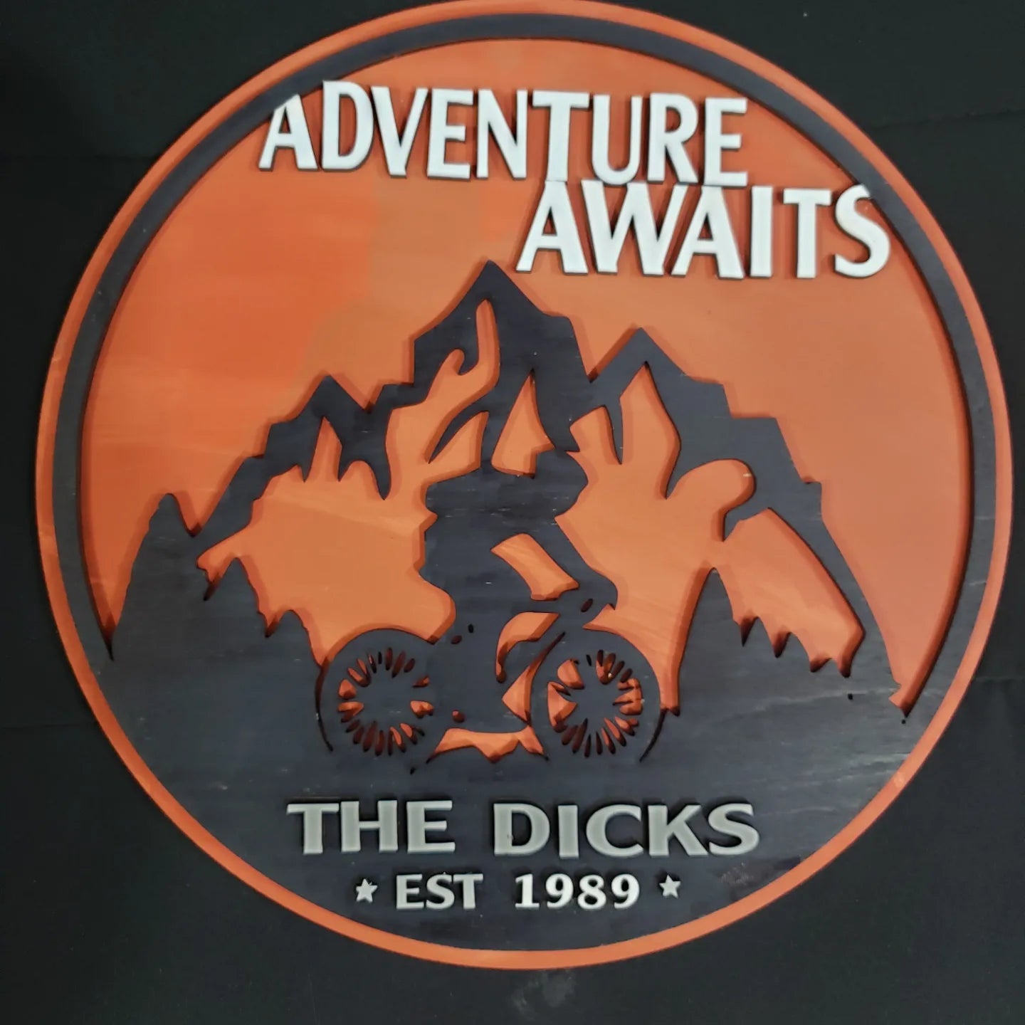 adventure awaits  personalized   measures approx 12" round  laser cut  birch wood  2 layers  ships in 5 to 7 business days