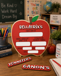 Capture those precious first-day moments with this charming hand-crafted Apple Photo Prop! Featuring a custom removable nameplate and 9 dry erase slots, it's the perfect keepsake for documenting milestones year after year. Write down age, height, date, favorite subjects, and dreams—then simply wipe it clean for next year's memories.