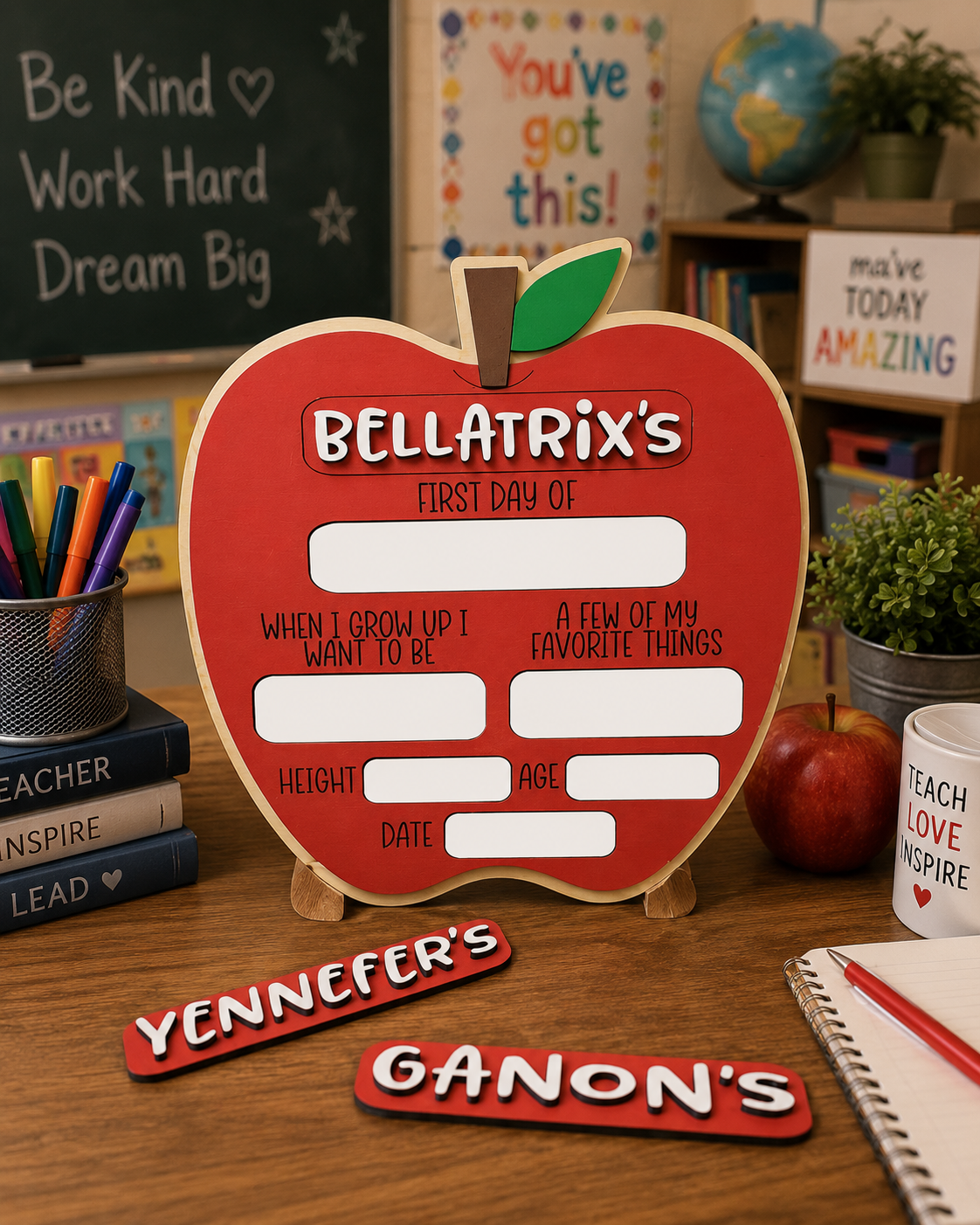 Capture those precious first-day moments with this charming hand-crafted Apple Photo Prop! Featuring a custom removable nameplate and 9 dry erase slots, it's the perfect keepsake for documenting milestones year after year. Write down age, height, date, favorite subjects, and dreams—then simply wipe it clean for next year's memories.