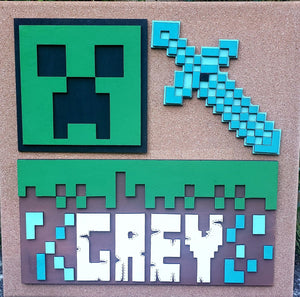 This custom design is minecraft-inspired and is the perfect wall decor for any room! This beautiful piece is crafted with birch wood and laser cut for a clean, precise finish. It is hand painted and personalized for a unique look and measuring 15x15, it is the perfect size for any space.  Ships within 5-7 business days.