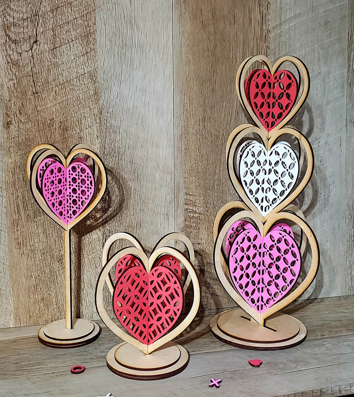 This 3D Rattan Heart Trio adds the perfect farmhouse style charm to your home. The trio is laser cut from durable birch wood and hand painted.  You can even request a customizable color.  Hearts range from 5"-14" in height. makes it ideal for any space.