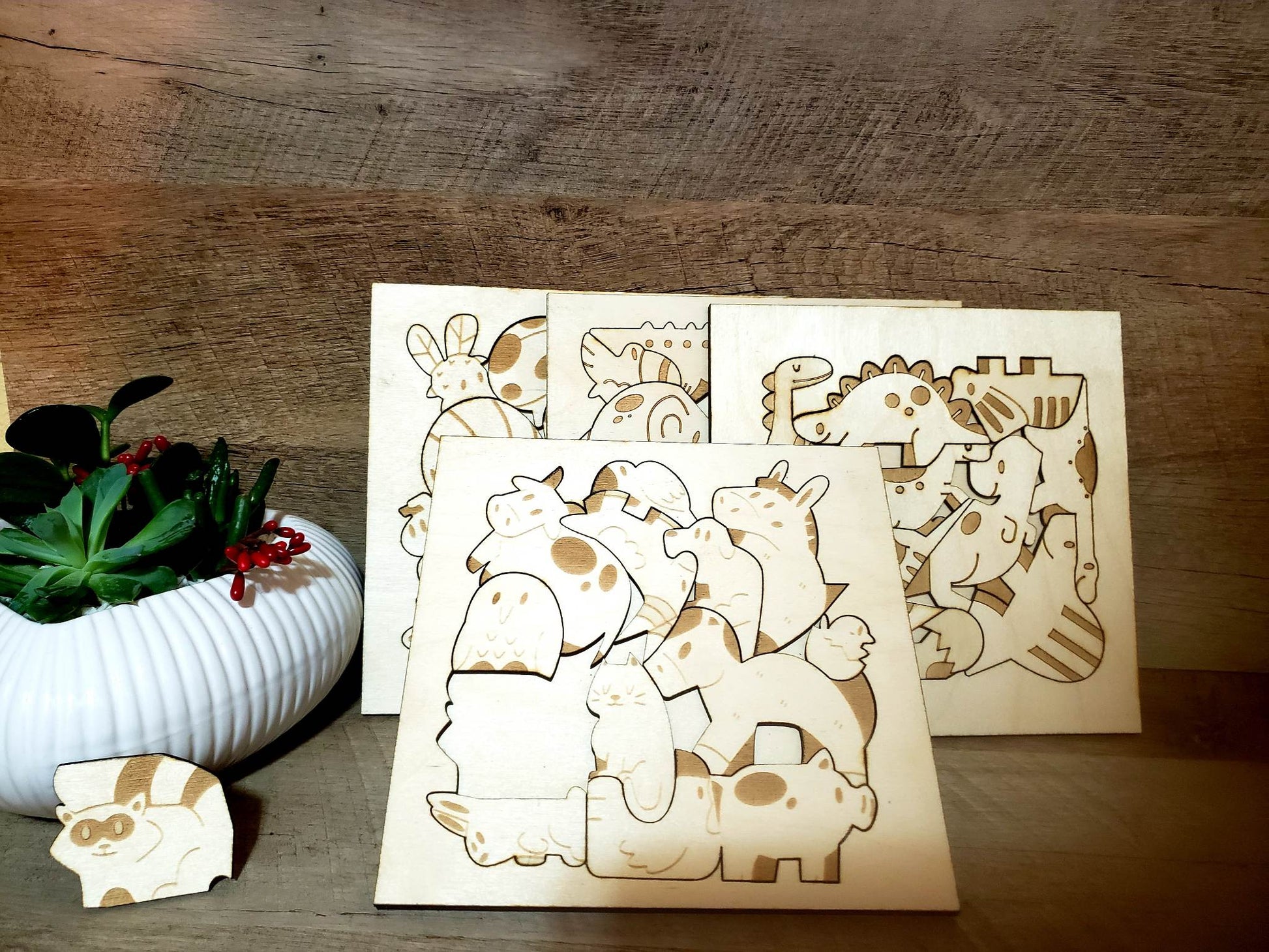 These 10" x 10" Childrens Wooden Animal Puzzles are an eye-catching educational game for kids. They feature laser-cut images of animals from the jungle, farm, and insect kingdom, as well as dinosaurs. Expertly crafted from birch wood, each piece fits snugly into the board for an enjoyable playtime experience. It takes 5-7 days to ship.