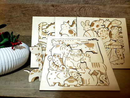 These 10" x 10" Childrens Wooden Animal Puzzles are an eye-catching educational game for kids. They feature laser-cut images of animals from the jungle, farm, and insect kingdom, as well as dinosaurs. Expertly crafted from birch wood, each piece fits snugly into the board for an enjoyable playtime experience. It takes 5-7 days to ship.