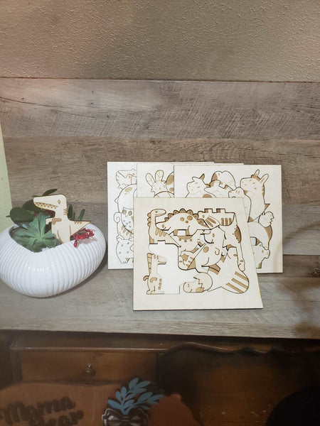 These 10" x 10" Childrens Wooden Animal Puzzles are an eye-catching educational game for kids. They feature laser-cut images of animals from the jungle, farm, and insect kingdom, as well as dinosaurs. Expertly crafted from birch wood, each piece fits snugly into the board for an enjoyable playtime experience. It takes 5-7 days to ship.