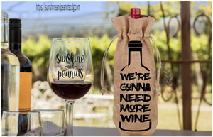  Made of silky burlap fabric with a satin corded drawstring.  Bag measures 6" x 14.4".  Will hold a 750ml bottle of wine.  Image shown with watermark, which will be removed on actual product.