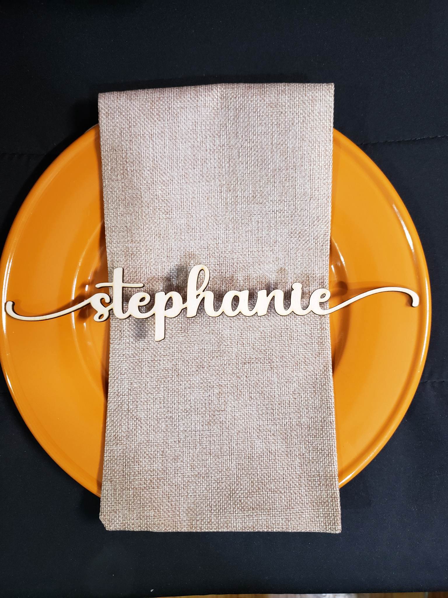  Enhance your tablescape with this personalized laser-cut birchwood name tag. Perfect for Holiday/Wedding/Event, each tag measures approx. 10.5" and comes in a choice of Natural, black, white, gold or silver. Add your list of names in the comments and they will be created as spelled. Ships in 5 to 7 days.