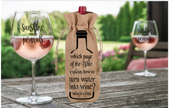 Made of silky burlap fabric with a satin corded drawstring.  Bag measures 6" x 14.4".  Will hold a 750ml bottle of wine.  Image shown with watermark which will be removed from the final product.  Listing is for 1 wine bag.  Other items for display purposes only.